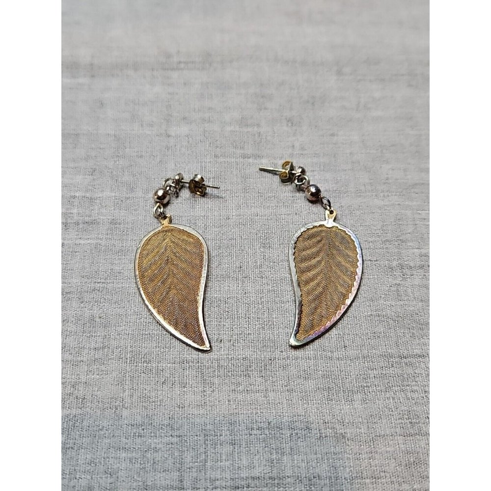 Vintage Brown Autumn Leaf Dangle Drop Earrings, Silver Tone Edge,